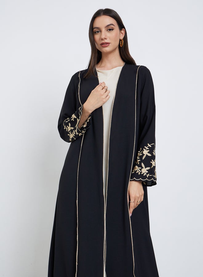 Take Two Black Floral Embroidered Front Open Abaya - Image 3
