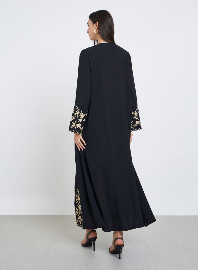 Take Two Black Floral Embroidered Front Open Abaya - Image 4