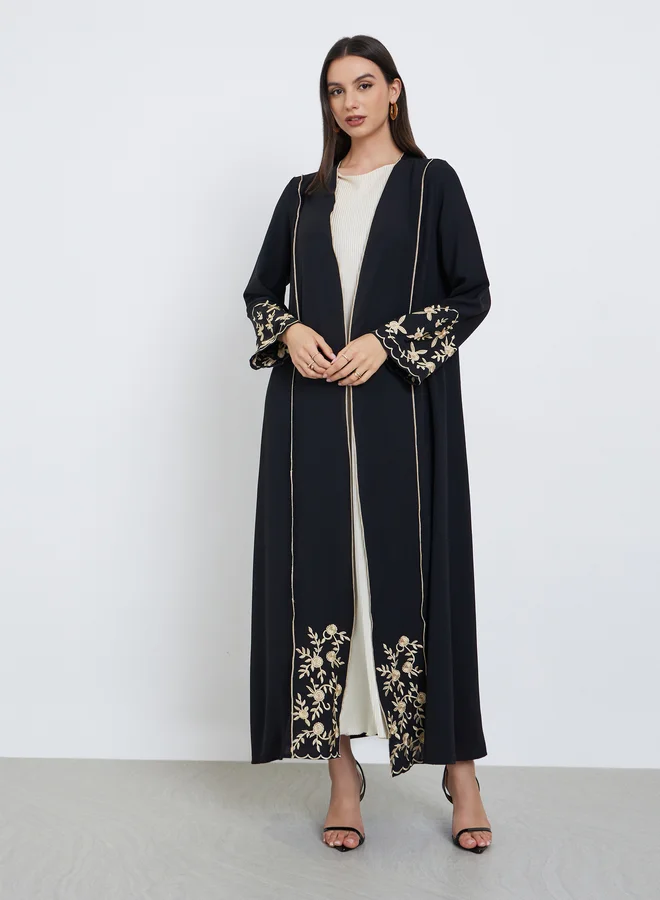 Take Two Take Two Black Floral Embroidered Front Open Abaya