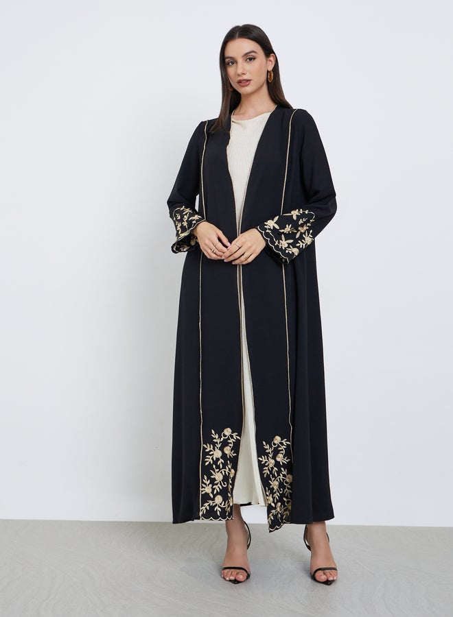 Take Two Black Floral Embroidered Front Open Abaya - Image 1