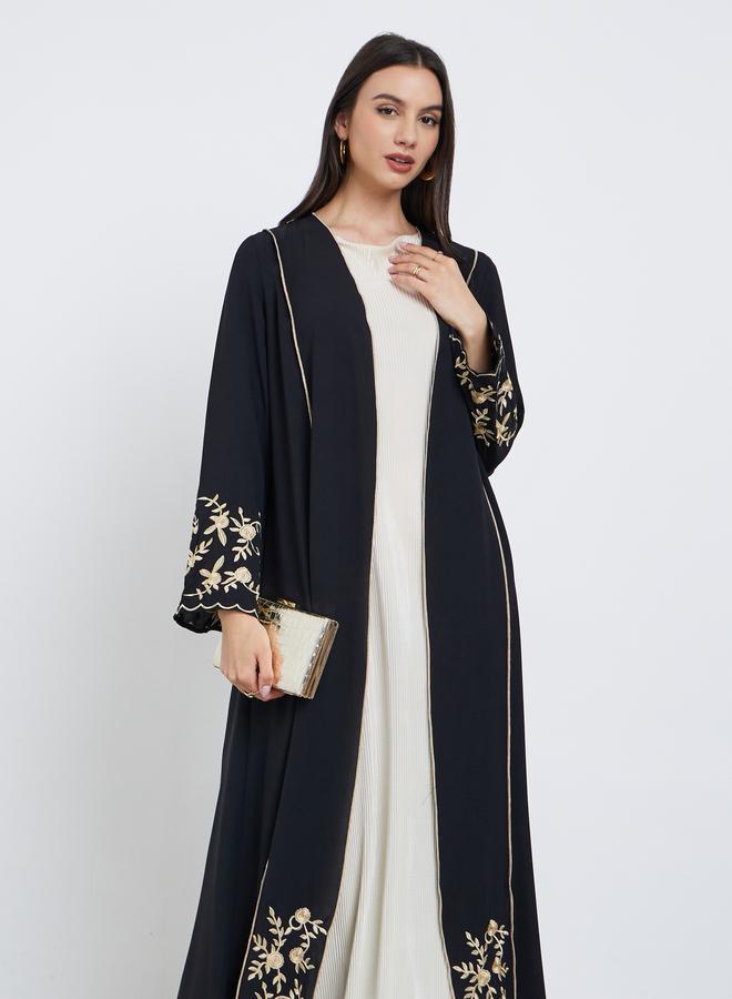 Take Two Black Floral Embroidered Front Open Abaya - Image 2