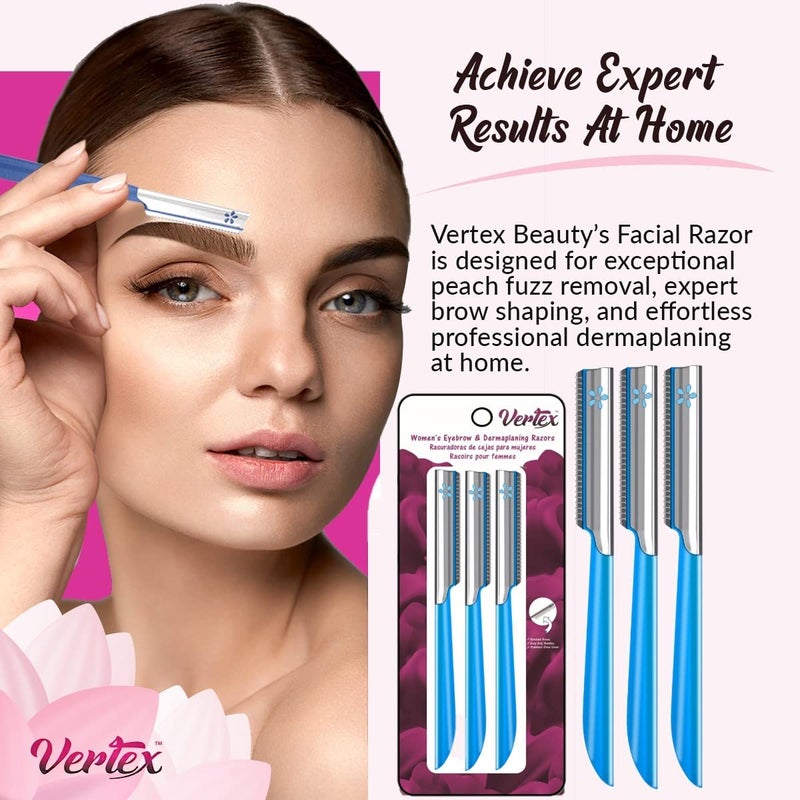 VERTEX Facial Razor Hair Removal - Dermaplaning Tool Peach Fuzz Remover Trimmer Women Remove Fine Hair Blue Eyebrow Razors Dermaplane Face Shavers Exfoliating Sensitive Skin Travel Essential - Image 2