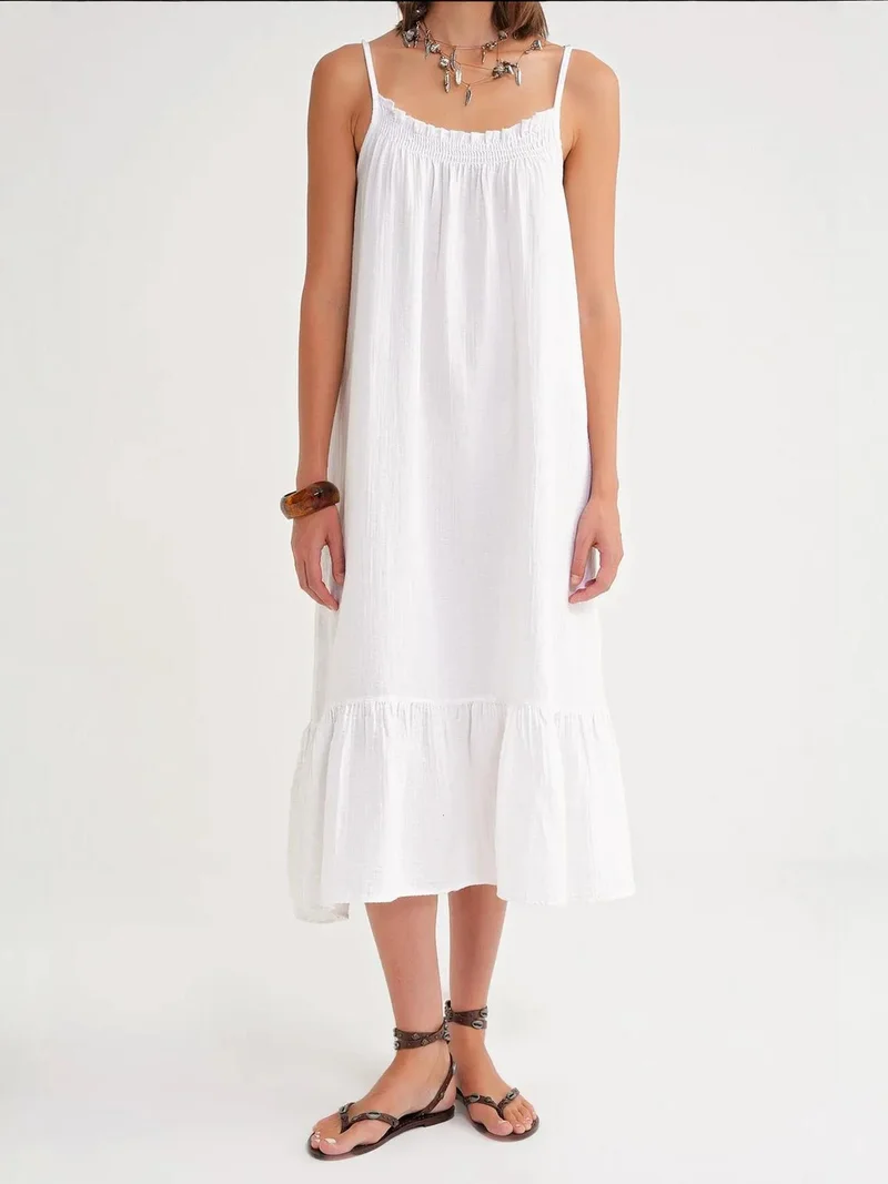 MixRay White Mixray Midi Muslin Dress with Ruffle Detail for Women | Best Price UAE