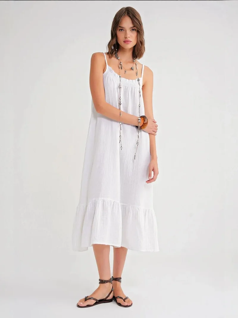 MixRay White Mixray Midi Muslin Dress with Ruffle Detail for Women | Best Price UAE
