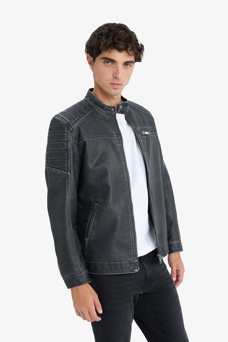 DeFacto Black Man Slim Fit High Neck Zippered Faux Leather Jacket Casual - Image 5