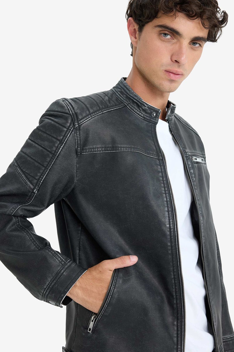 DeFacto Black Man Slim Fit High Neck Zippered Faux Leather Jacket Casual - Image 1