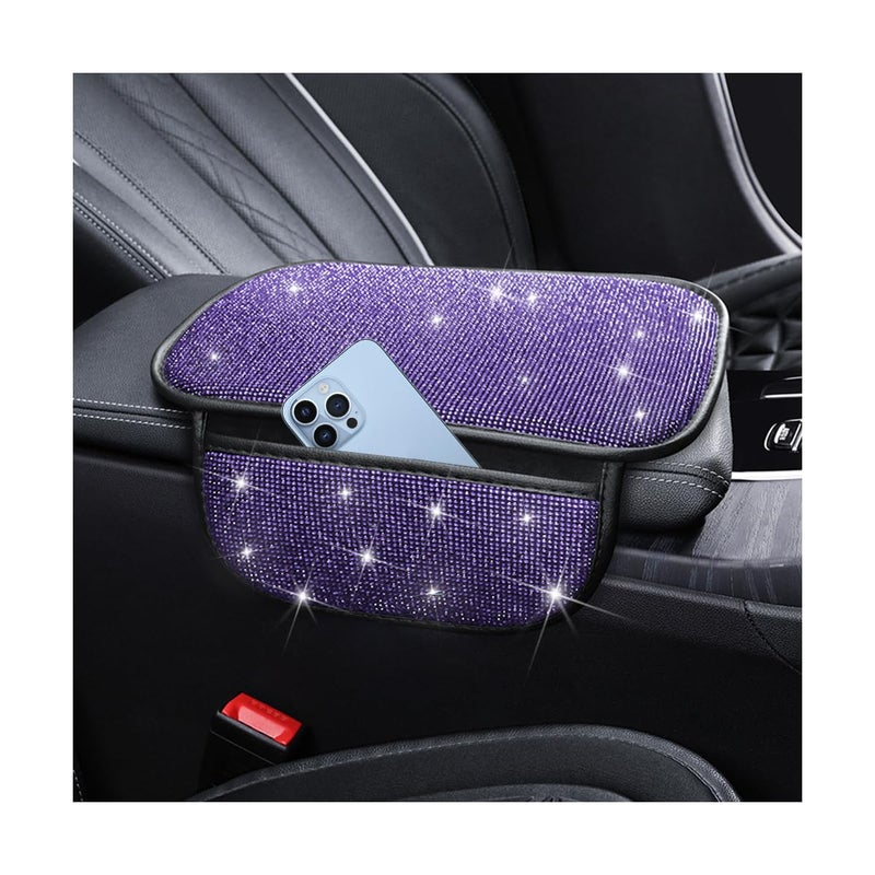Sandfren Bling Car Center Console Cover Crystal Rhinestone Vehicle Armrest Cover Cushion with 2 Storage Bags for Women Girls Diamond Auto Storage Box Protector Pad Universal Fit Purple - Image 3