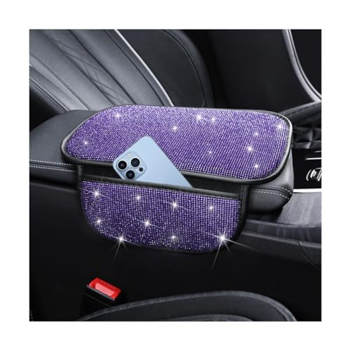 Sandfren Bling Car Center Console Cover Crystal Rhinestone Vehicle Armrest Cover Cushion with 2 Storage Bags for Women Girls Diamond Auto Storage Box Protector Pad Universal Fit Purple - Image 1