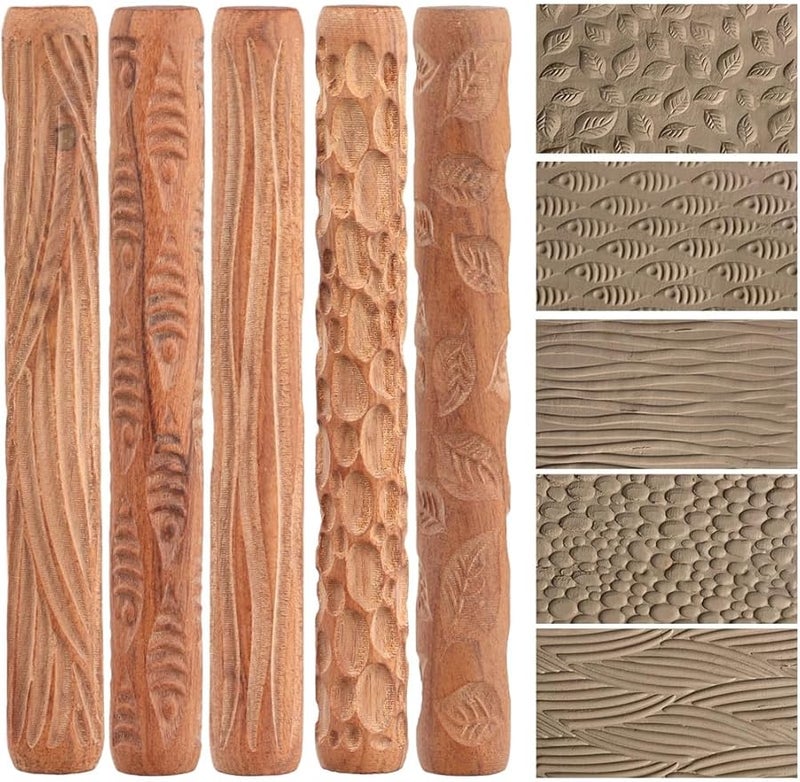 Set of 5 Clay Pattern Rollers with Wood Grain Leaf Fish Cobblestone Ripple Designs for Crafting - Image 1