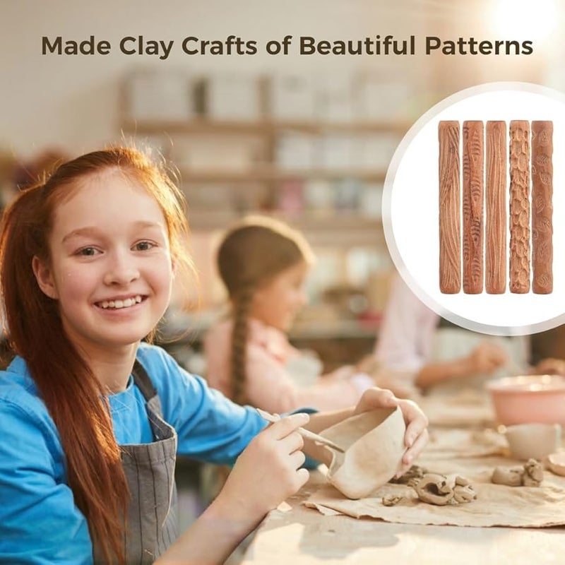 Set of 5 Clay Pattern Rollers with Wood Grain Leaf Fish Cobblestone Ripple Designs for Crafting - Image 5