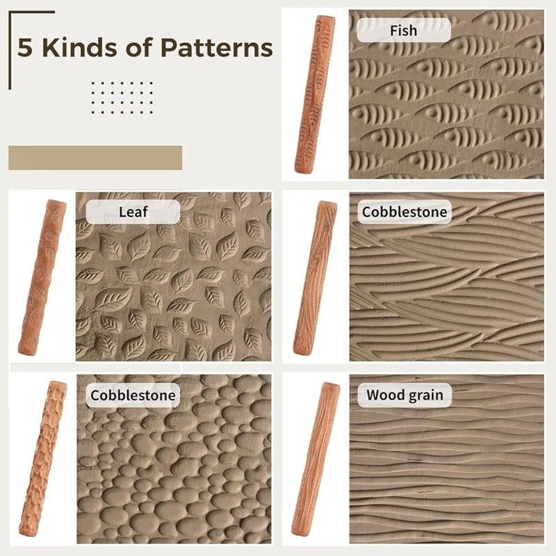 Set of 5 Clay Pattern Rollers with Wood Grain Leaf Fish Cobblestone Ripple Designs for Crafting - Image 3