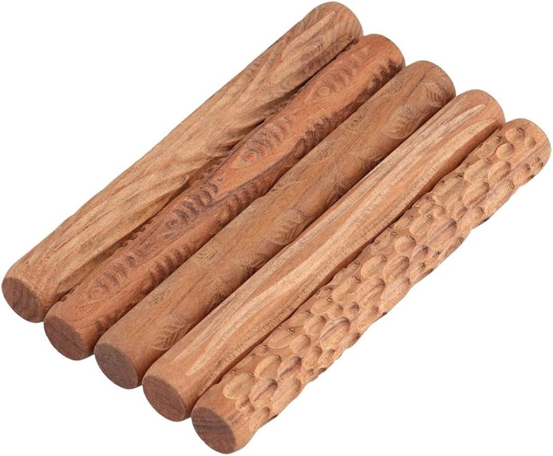 Set of 5 Clay Pattern Rollers with Wood Grain Leaf Fish Cobblestone Ripple Designs for Crafting - Image 4