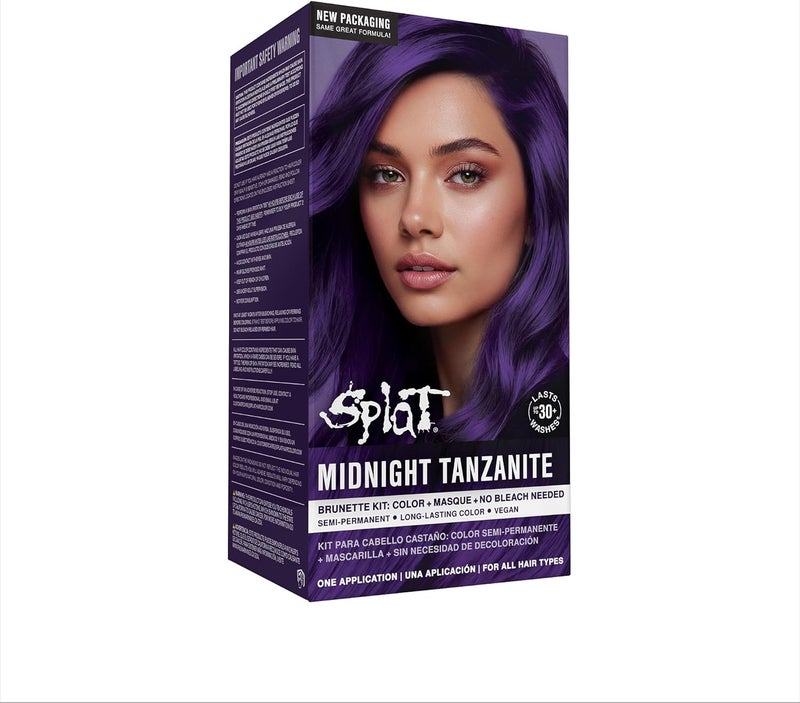 سبلات مجموعة صبغة شعر نصف دائمة من سلسلة Splat Midnight Tanzanite، تحتوي على تطبيق واحد فقط، تشمل كريم ترطيب معاد تشكيل الشعر بعمق، تدوم لمدة 30 غسلة، لا تحتاج إلى استخدام بياض، صبغة شعر نباتية وخالية من القسوة على الحيوانات. - Image 1