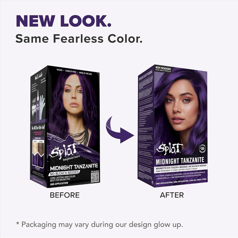 سبلات مجموعة صبغة شعر نصف دائمة من سلسلة Splat Midnight Tanzanite، تحتوي على تطبيق واحد فقط، تشمل كريم ترطيب معاد تشكيل الشعر بعمق، تدوم لمدة 30 غسلة، لا تحتاج إلى استخدام بياض، صبغة شعر نباتية وخالية من القسوة على الحيوانات. - Image 2