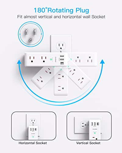 One Beat Surge Protector Outlet Extender with Rotating Plug, 6 AC Multi Plug Outlet with 3 USB Ports (1 USB C), 1800 J, 3-Sided Swivel Power Strip with Spaced Outlet Splitter for Dorm Office, White-2 Pack - Image 4