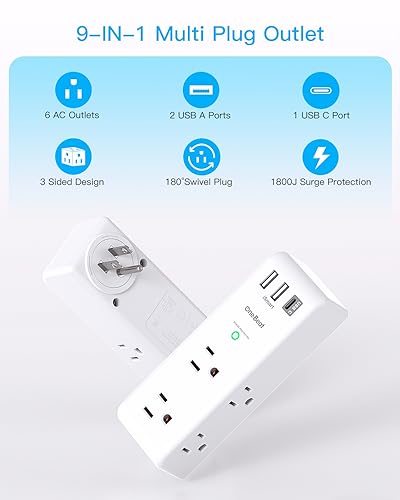 One Beat Surge Protector Outlet Extender with Rotating Plug, 6 AC Multi Plug Outlet with 3 USB Ports (1 USB C), 1800 J, 3-Sided Swivel Power Strip with Spaced Outlet Splitter for Dorm Office, White-2 Pack - Image 2