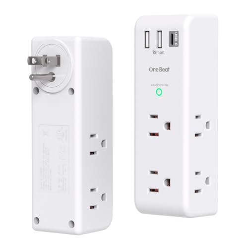 One Beat Surge Protector Outlet Extender with Rotating Plug, 6 AC Multi Plug Outlet with 3 USB Ports (1 USB C), 1800 J, 3-Sided Swivel Power Strip with Spaced Outlet Splitter for Dorm Office, White-2 Pack - Image 1