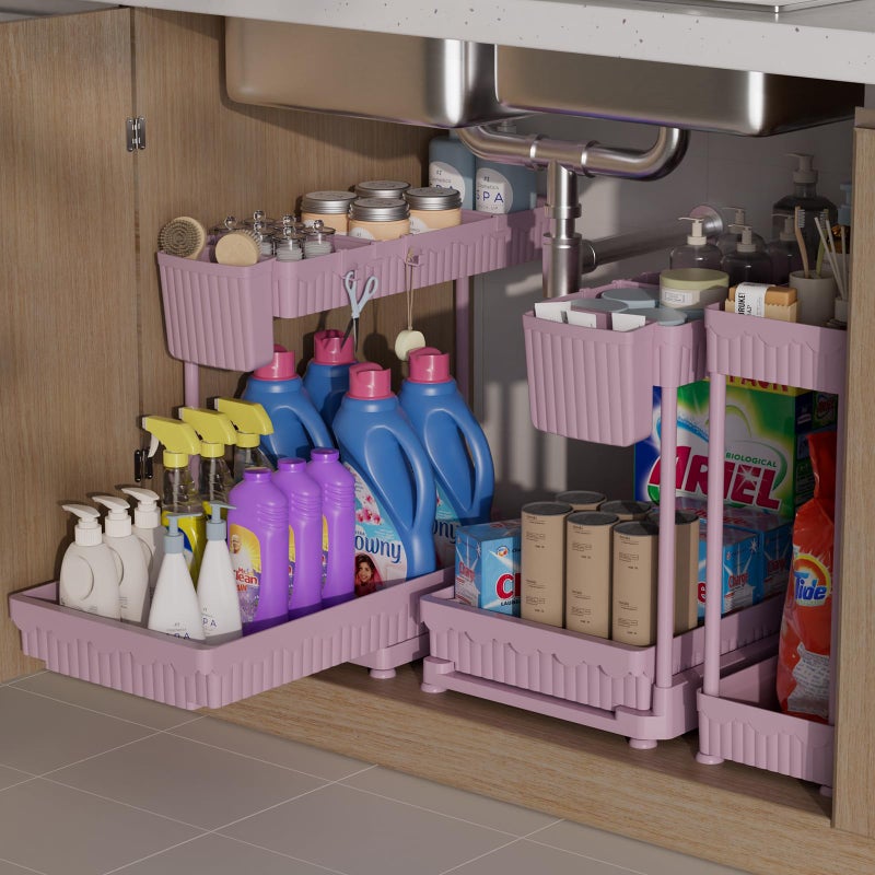 Sevenblue 3 Pack Multi-Purpose Under Sink Organizers and Storage, 2026 L-Shaped Pull Out Cabinet Organizer for Bathroom & Kitchen, Under Cabinet Organizer with Hooks Hanging Cup, Pink, 14.85 inch - Image 1