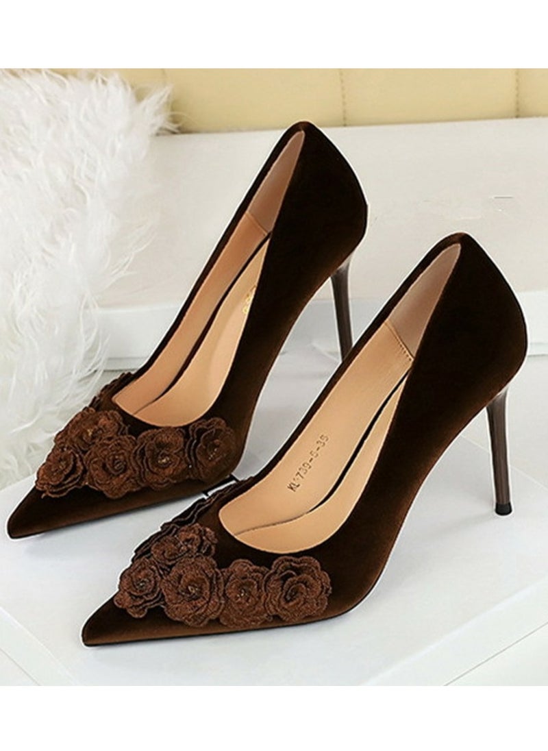 BIGTREE Women's Suede Closed Pointed Toe Stiletto Pump Floral Decoration High Heels Dark Brown 9 CM  - Image 1