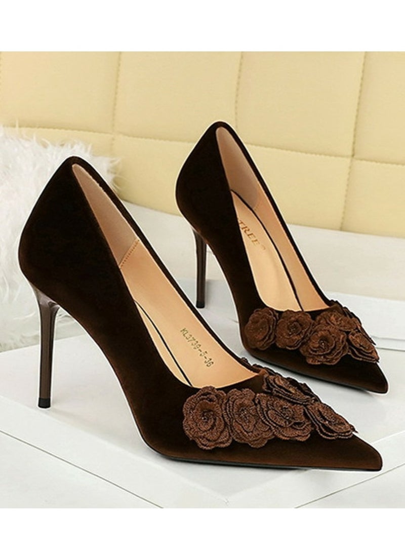 BIGTREE Women's Suede Closed Pointed Toe Stiletto Pump Floral Decoration High Heels Dark Brown 9 CM  - Image 2