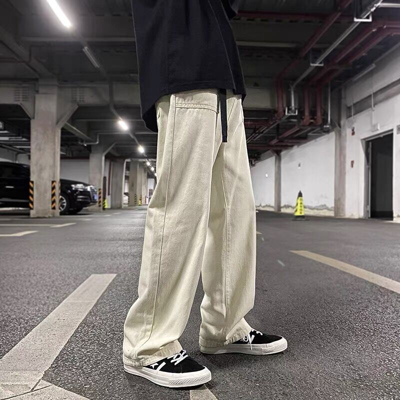 Japanese Loose Denim Jeans Men Casual Wide Leg Pants rice white  - Image 1