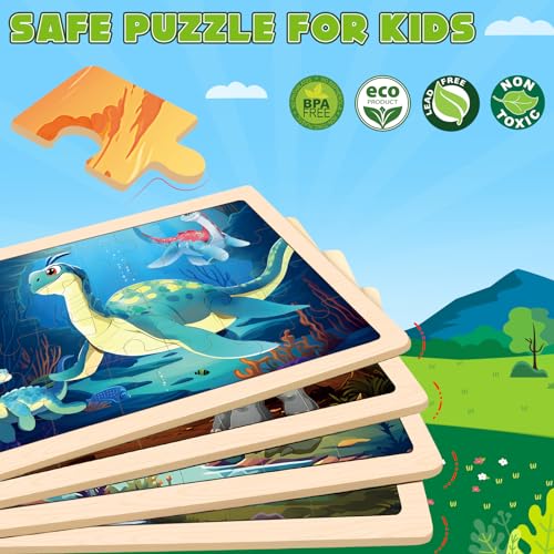 LACCHOUFEE Wooden Dinosaurs Puzzles for Kids Age 3 4 5 Year Old 4 Pack 24 Pcs Montessori Toddler Jigsaw Puzzles for Girl boy Activities Preschool Learning Educational Birthday Gift Travel Autistic Wooden Toys - Image 5