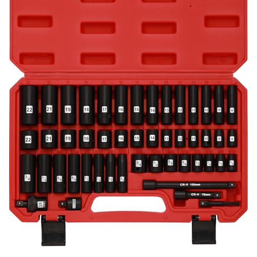 EMENTOL 49PCS 3/8" Drive Impact Socket Set, (5/16"-3/4", 8mm-22mm), SAE/Metric, Deep & Shallow CR-V, 6-Point Impact Socket Set, Impact Extension Bars, Reducer, Universal Joint - Image 1