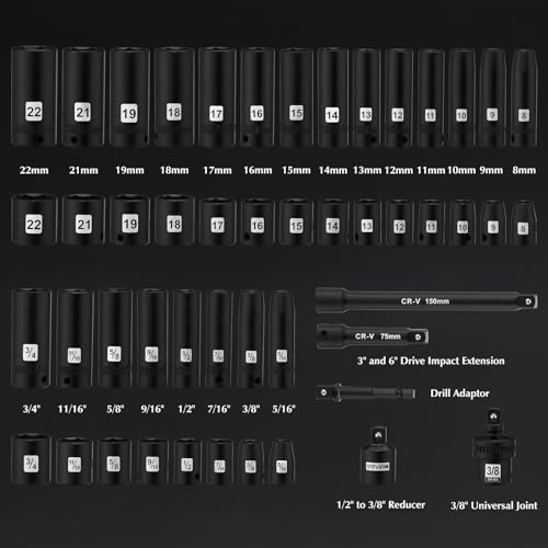 EMENTOL 49PCS 3/8" Drive Impact Socket Set, (5/16"-3/4", 8mm-22mm), SAE/Metric, Deep & Shallow CR-V, 6-Point Impact Socket Set, Impact Extension Bars, Reducer, Universal Joint - Image 2