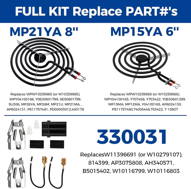 Romalon Electric Range Burner Element MP22YA Unit Set,2 pcs MP15YA 6'',2 pcs MP21YA 8'',4pcs 330031 Range Burner Receptacle kit.Replacement for Ranges/Stoves - Image 4