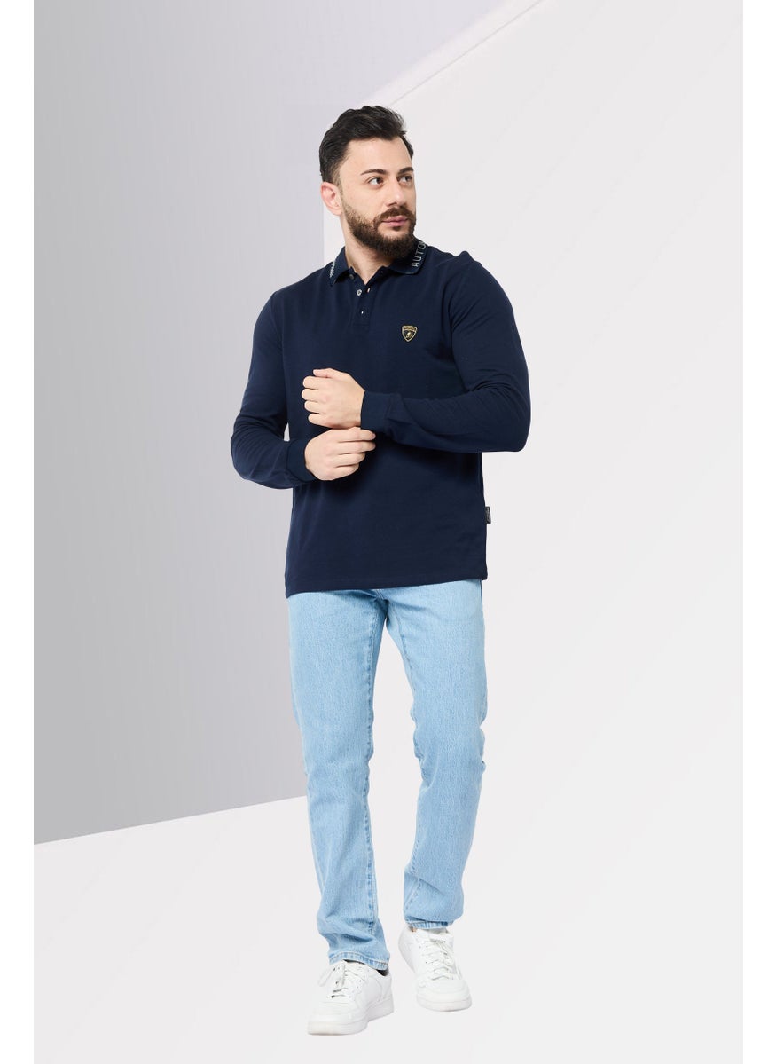 LAMBORGHINI - Men Regular Fit Brand Logo Long Sleeves Polo Shirt, Navy - Image 1