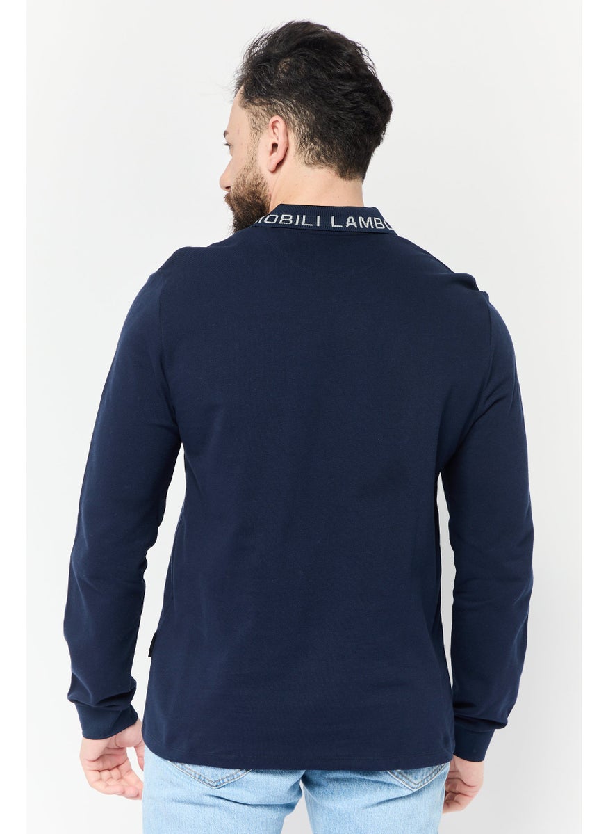 LAMBORGHINI - Men Regular Fit Brand Logo Long Sleeves Polo Shirt, Navy - Image 1