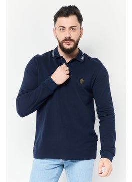 Men Regular Fit Brand Logo Long Sleeves Polo Shirt, Navy