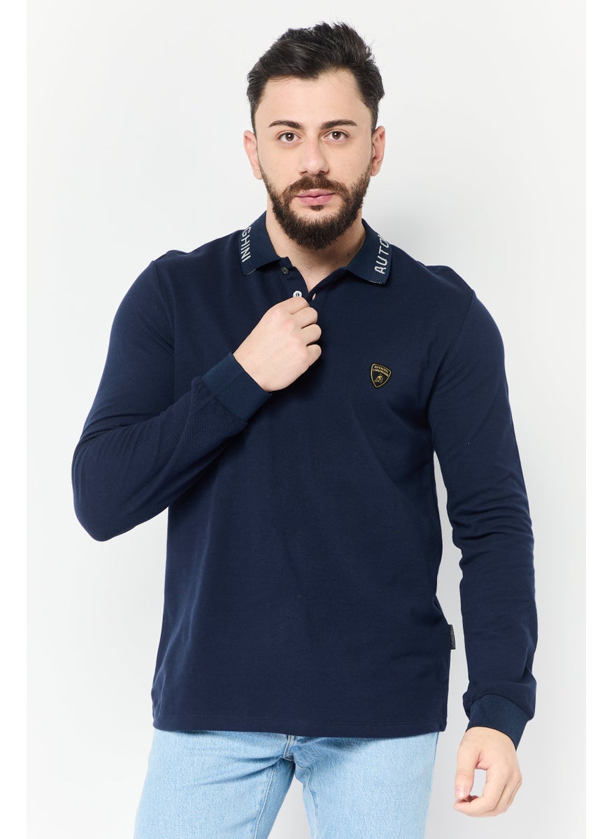 LAMBORGHINI - Men Regular Fit Brand Logo Long Sleeves Polo Shirt, Navy - Image 1