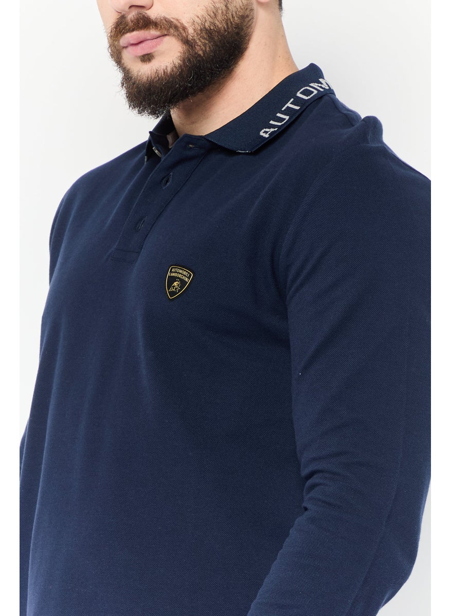 LAMBORGHINI - Men Regular Fit Brand Logo Long Sleeves Polo Shirt, Navy - Image 1