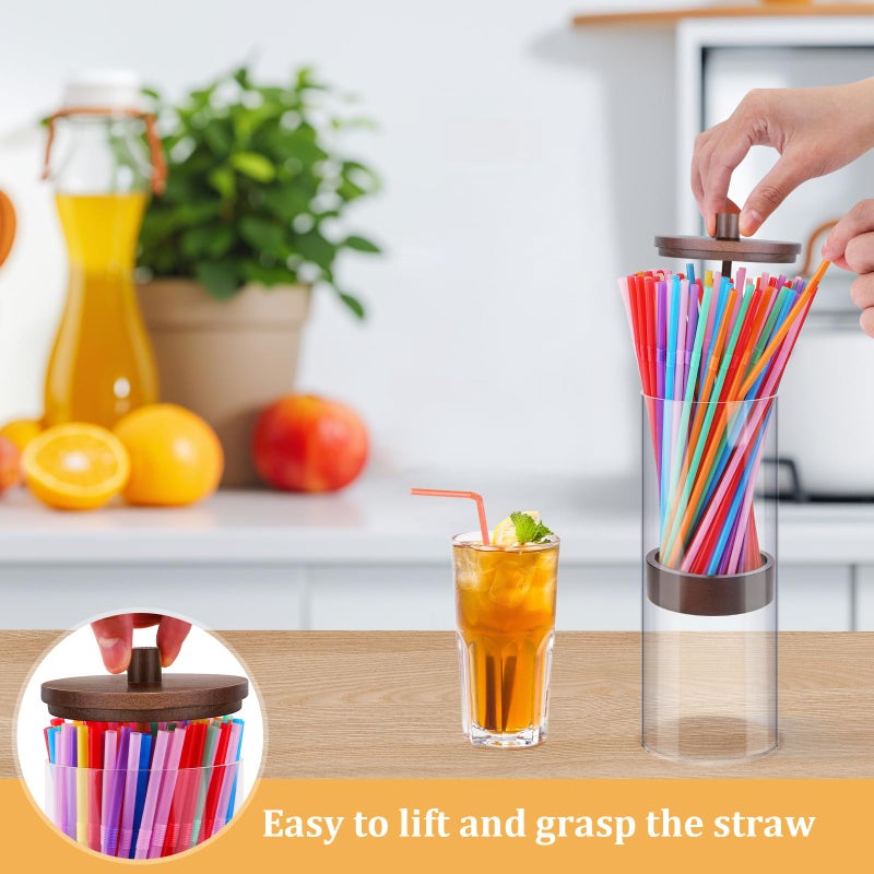 JYPS 10-Inch Acrylic Straw Dispenser with Bamboo Lid with 100 Colorful Straws,Transparent Counter Container Countertop Organizer for Kitchen,Office,Cabinet Storage, Holds Pencils, Cutlery(Dark brown) - Image 3