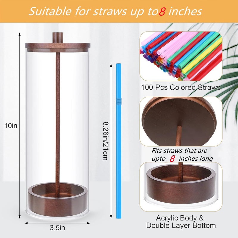 JYPS 10-Inch Acrylic Straw Dispenser with Bamboo Lid with 100 Colorful Straws,Transparent Counter Container Countertop Organizer for Kitchen,Office,Cabinet Storage, Holds Pencils, Cutlery(Dark brown) - Image 2