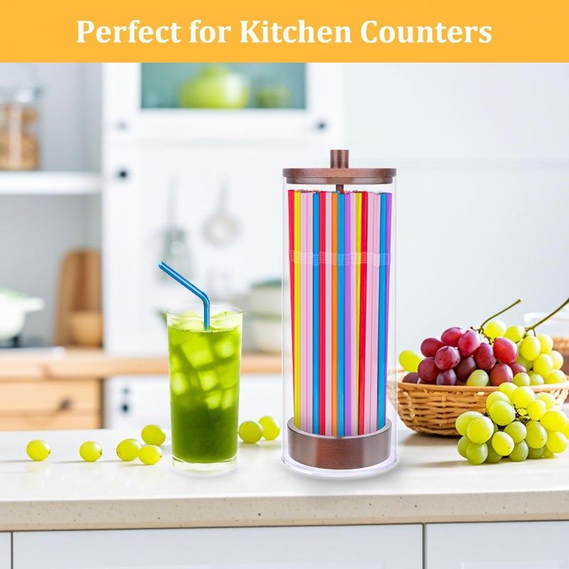 JYPS 10-Inch Acrylic Straw Dispenser with Bamboo Lid with 100 Colorful Straws,Transparent Counter Container Countertop Organizer for Kitchen,Office,Cabinet Storage, Holds Pencils, Cutlery(Dark brown) - Image 4
