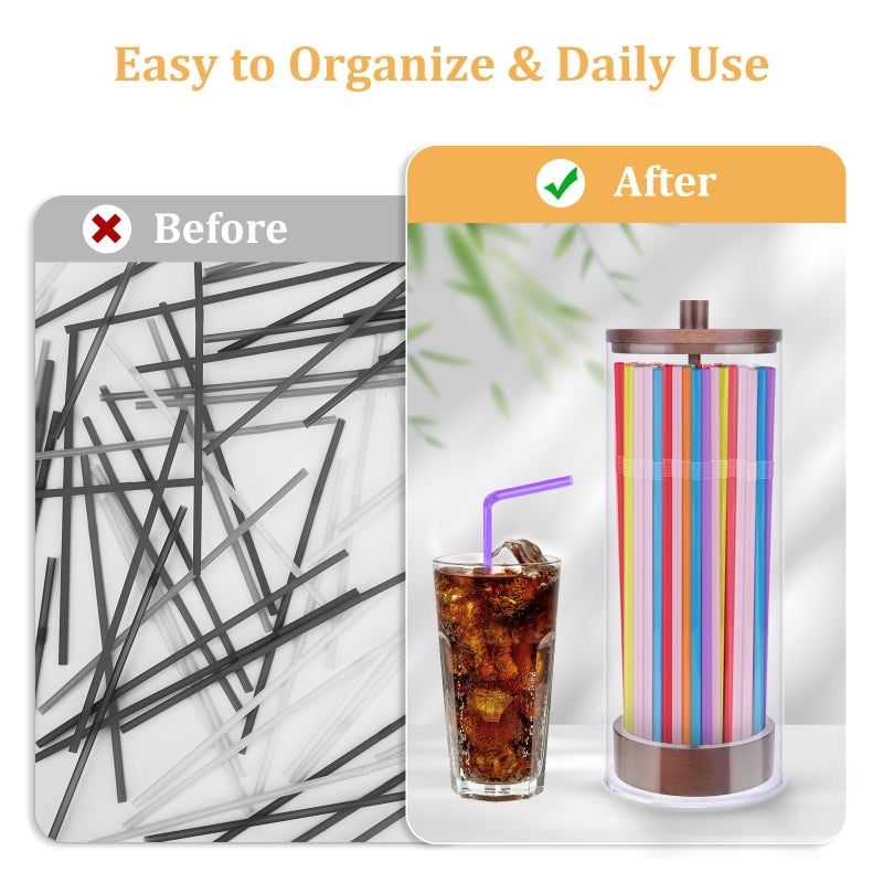 JYPS 10-Inch Acrylic Straw Dispenser with Bamboo Lid with 100 Colorful Straws,Transparent Counter Container Countertop Organizer for Kitchen,Office,Cabinet Storage, Holds Pencils, Cutlery(Dark brown) - Image 5