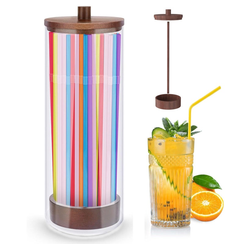 JYPS 10-Inch Acrylic Straw Dispenser with Bamboo Lid with 100 Colorful Straws,Transparent Counter Container Countertop Organizer for Kitchen,Office,Cabinet Storage, Holds Pencils, Cutlery(Dark brown) - Image 1