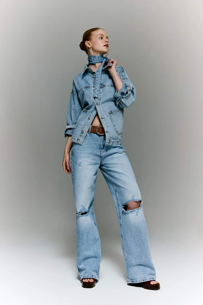 ديفاكتو Afra x Defacto Straight Wide Ripped Detail High Waist Jeans