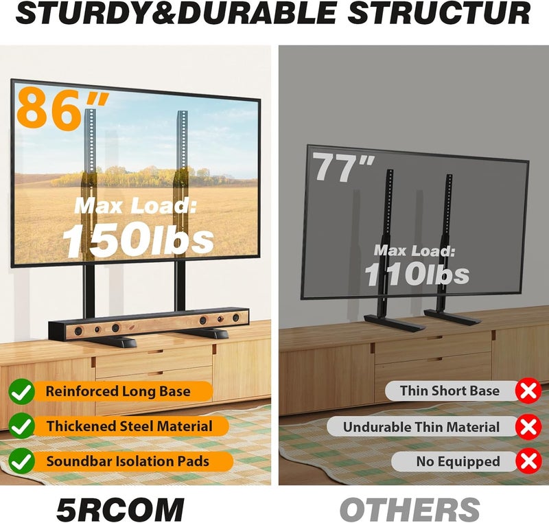 5Rcom Universal TV Stand, Large TV Legs for 37-86 Inch Flat Curved TVs with Cable Management, 6 Height Adjustment Table Top TV Mount Stand Up to 150lbs, Black - Image 2