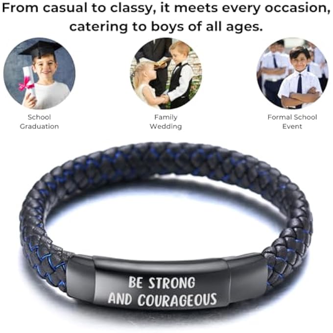 rayihni Kids ● Jazz Junior ● Boys Genuine Leather Hand Braided Black Mix Blue/Red/Green Bracelet 6-12 Years. Frosted Titanium Magnetic Clasp Adjustable Size 18-19.5Cm With Gift Box - Image 4