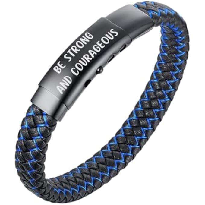 rayihni Kids ● Jazz Junior ● Boys Genuine Leather Hand Braided Black Mix Blue/Red/Green Bracelet 6-12 Years. Frosted Titanium Magnetic Clasp Adjustable Size 18-19.5Cm With Gift Box - Image 1