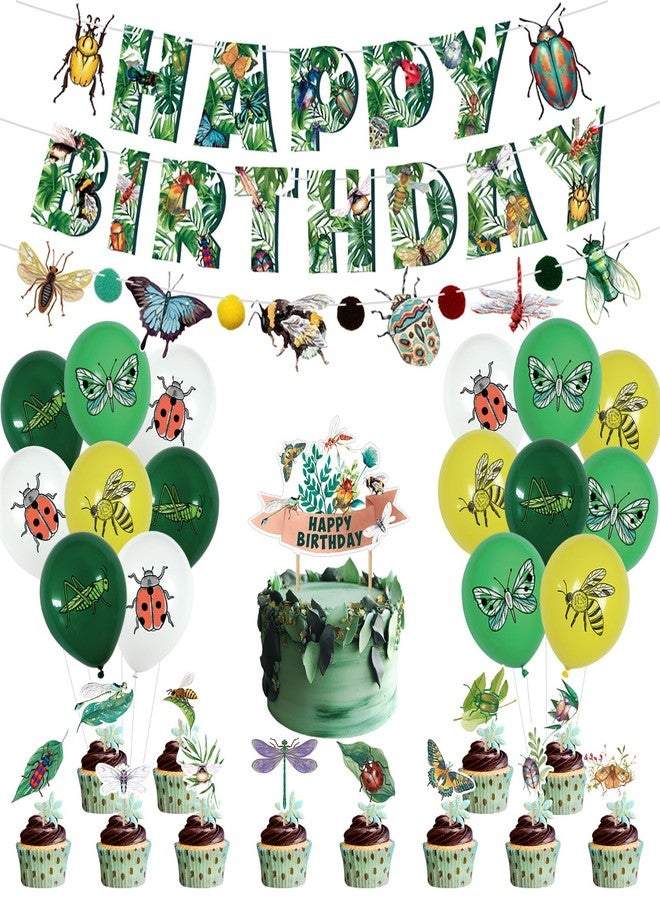 PTECDROTS Bug Party Decorations - Including Insects Theme Balloons, Happy Birthday Banner, Cake Topper for Spring Summer Safari Bee Butterfly Party Supplies - Image 1