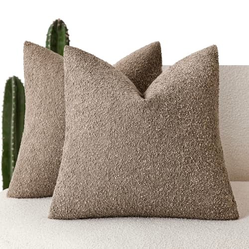 Foindtower Pack of 2 Decorative Textured Boucle Throw Pillow Covers Neutral Accent Solid Pillow Cases Cozy Soft Couch Cushion Case for Chair Sofa Bedroom Living Room Home Decor 22x22 Inch Light Brown - Image 1