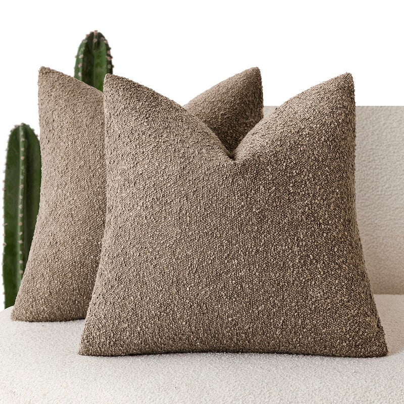 Foindtower Pack of 2 Decorative Textured Boucle Throw Pillow Covers Neutral Accent Solid Pillow Cases Cozy Soft Couch Cushion Case for Chair Sofa Bedroom Living Room Home Decor 22x22 Inch Light Brown - Image 2
