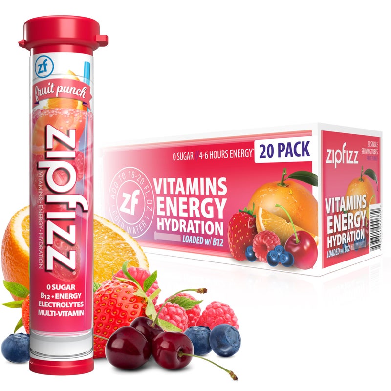 Zipfizz Daily Energy Drink Powder, Fruit Punch, 20 Pack 3-in-1 Sustained Energy, Rapid Hydration, and Essential Vitamins Sugar-Free Electrolyte Powder Contains Vitamin B-12 & Antioxidants - Image 1