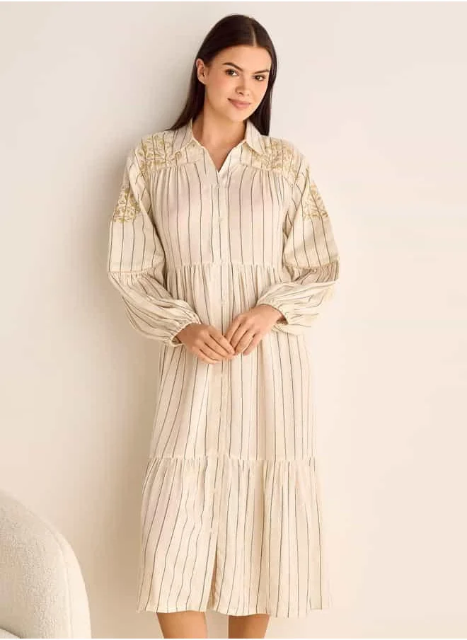 FAV Striped Floral Embroidered Sleepshirt with Long Sleeves and Collar