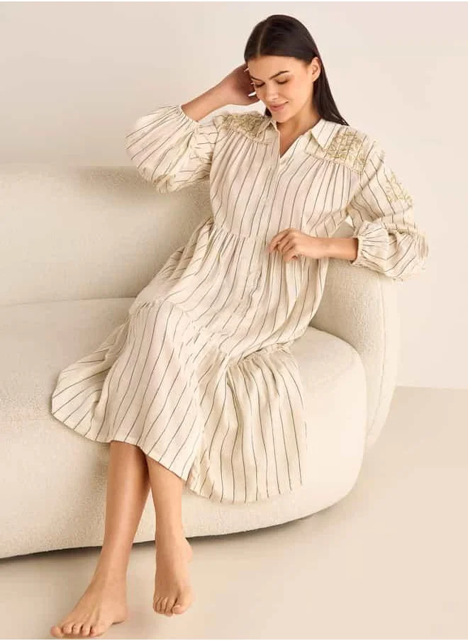 FAV Striped Floral Embroidered Sleepshirt with Long Sleeves and Collar