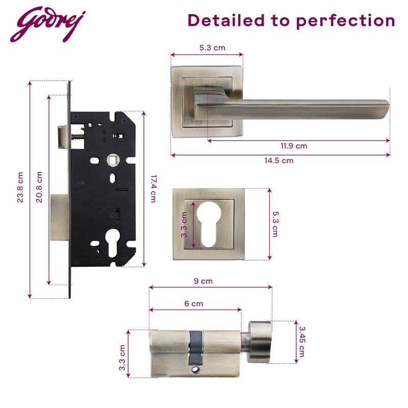Godrej Locking Solutions and Systems Godrej Mortise Lock Handle Lock Set for Main Bedroom Door Alpine Rossette Home Dcor Handle Antique Brass Finish 9 Inch Lockbody 60 mm 1CK Cylinder Knob from Inside and with 3 Keys  - Image 5